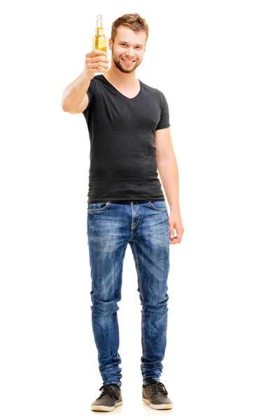 Full Length Studio Portrait Handsome Young Man Holding Bottle Beer — Stock Photo, Image