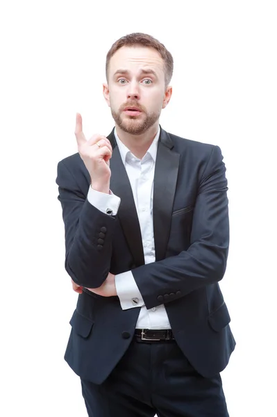 Thoughtful Young Business Man Pointing Isolated White — Stock Photo, Image