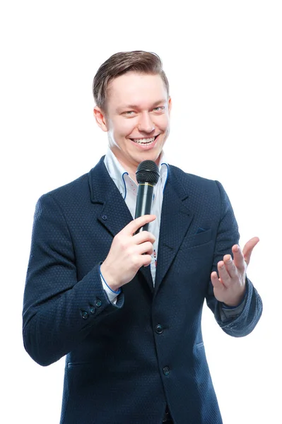 Joven Elegante Hablando Hombre Sosteniendo Micrófono — Foto de Stock