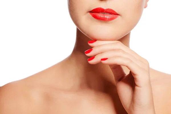 Rojo Sexy Labios Uñas Primer Plano — Foto de Stock