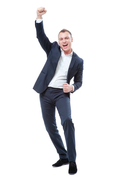 Full Length Happy Young Man Formalwear Celebrating Gesturing Keeping Arms — Stock Photo, Image