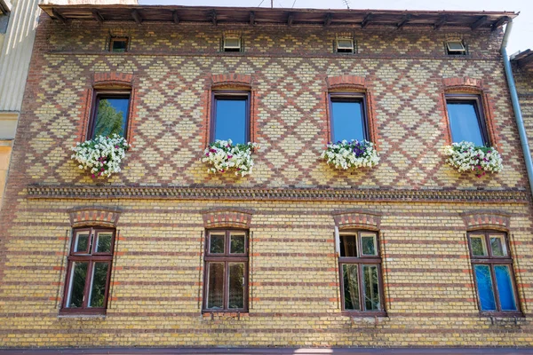 Low Angle View Facade Old European Building Flowers Windows — Stock Photo, Image