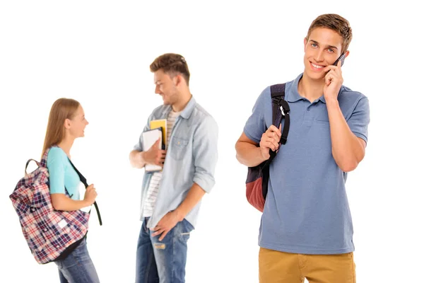 Handsome Young Man Talking Mobile Phone Smiling His Friends Chatting — Stock Photo, Image