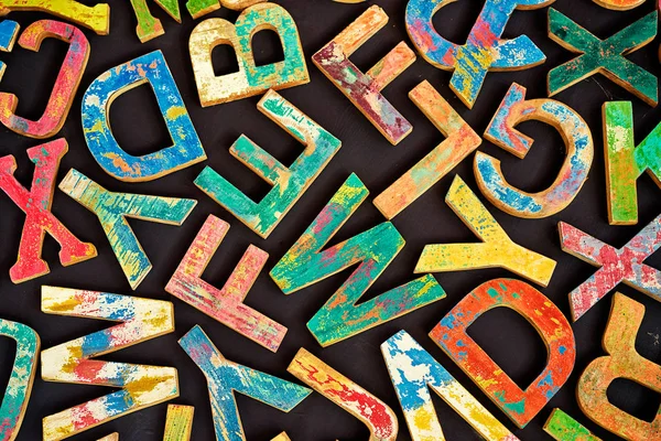 Black Background Lot Colorful Wooden Letters — Stock Photo, Image