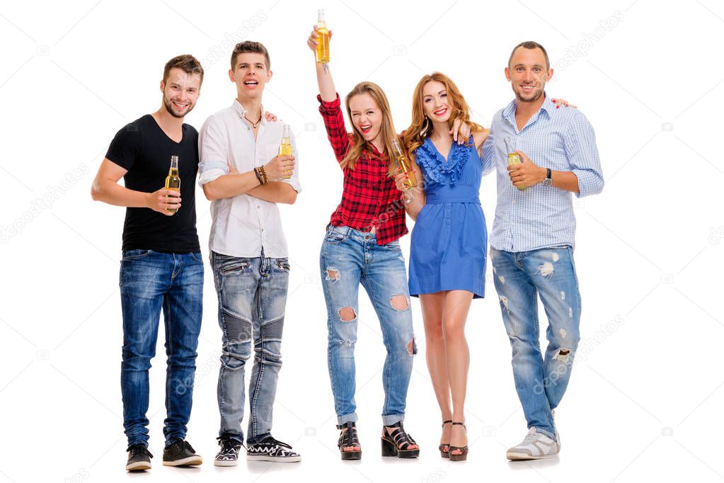 Group of five happy smiling friends with bottles of beer having fun together.