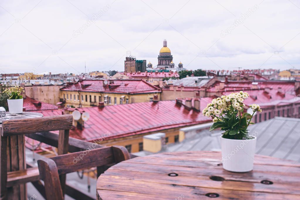 View of the cafe terrace on the roof top with beautiful view of Saint Peterburg old town.