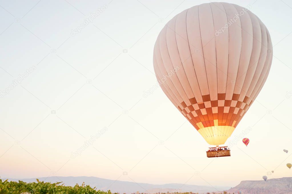 Famous sightseeing Cappadocia, Anatolia. Balloons in the sky.