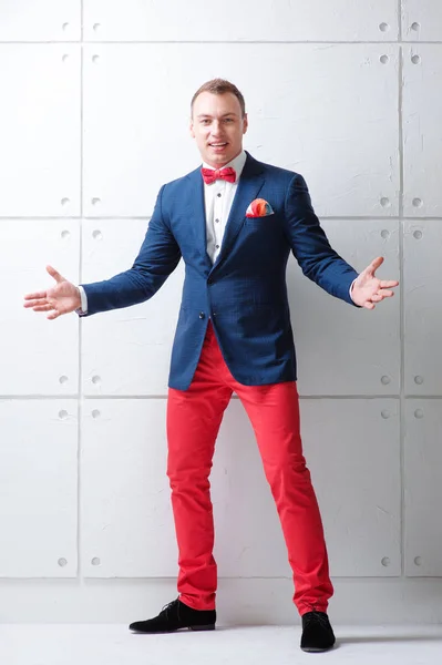 Cheerful Young Man Jacket Bowtie Gesturing Welcome Sign Smiling While — Stock Photo, Image