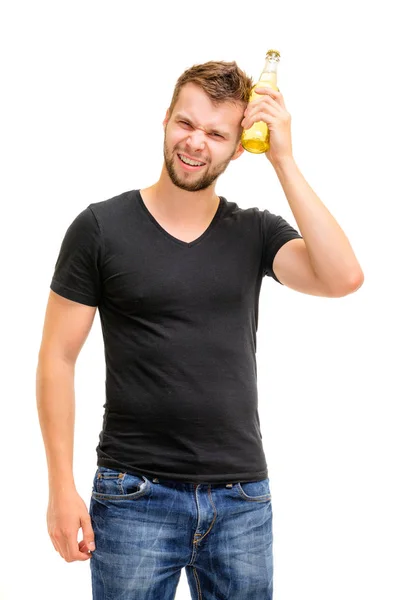 Studio Portrait Handsome Young Man Holding Bottle Beer His Head — Stock Photo, Image