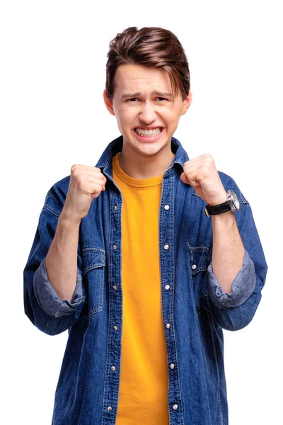 Confident Excited Young Man Holding Fists — Stock Photo, Image