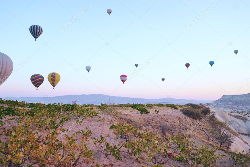 Famous sightseeing Cappadocia, Anatolia. Beautiful landscape with mountains, caves and balloons in the sky.