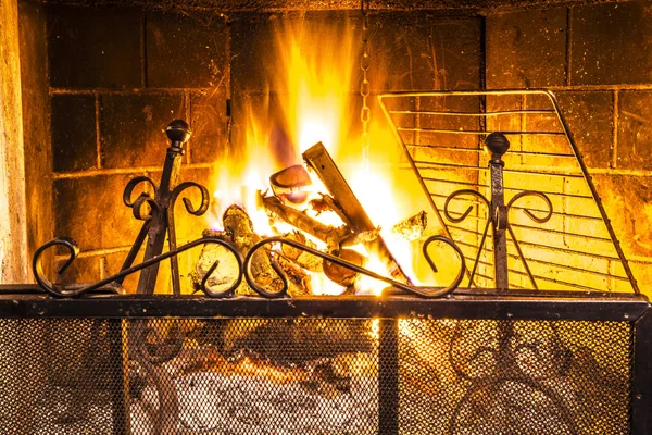 Burning Wood Fireplace House Stock Image