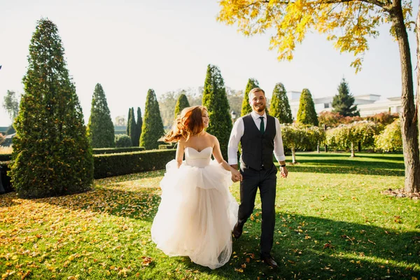 Bröllop Par Promenader Parken Sin Brudgum Rygg — Stockfoto