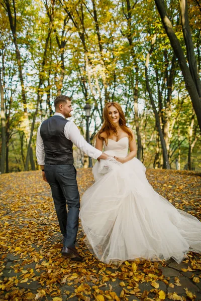 Boldog Menyasszony Vőlegény Pózol Őszi Parkban — Stock Fotó
