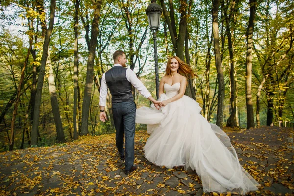 Hochzeitspaar Bei Einem Spaziergang Einem Wunderschönen Herbstpark — Stockfoto