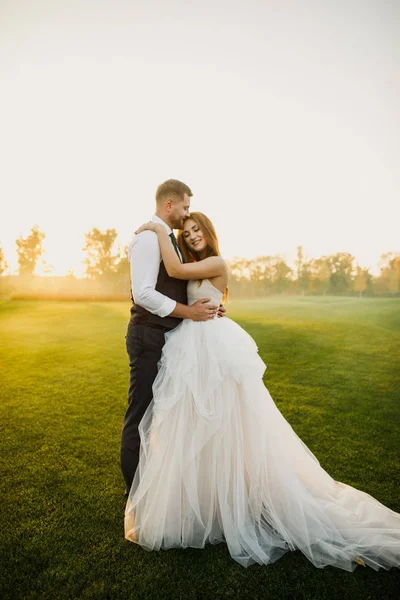 Happy Wedding Couple Hugging Kissing Grass — Stock Photo, Image