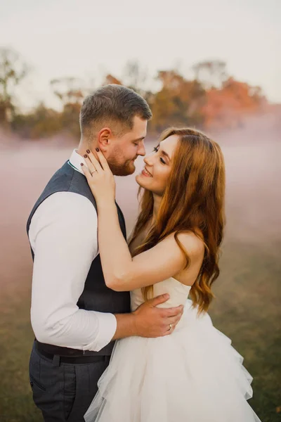 Belo Casamento Casal Abraçando Beijando Fundo Das Montanhas — Fotografia de Stock