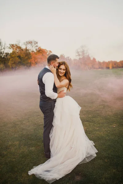 Schönes Hochzeitspaar Spaziert Durch Den Park — Stockfoto