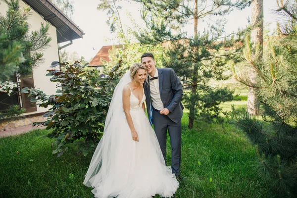 Fiatal Gyönyörű Pár Menyasszony Vőlegény Séta Parkban Naplemente Mosolygó Menyasszony — Stock Fotó