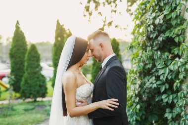 genç güzel düğün çift gelin ve damat parkta günbatımında ayaktadır ve gülümseyen güzel elbise damat gelini şık giyinmiş