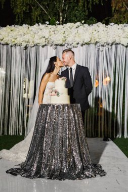 genç güzel düğün çifti düğün pastasını keser ve iyi eğlenceler