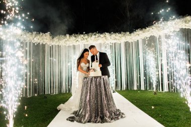 genç güzel düğün çifti düğün pastasını keser ve iyi eğlenceler