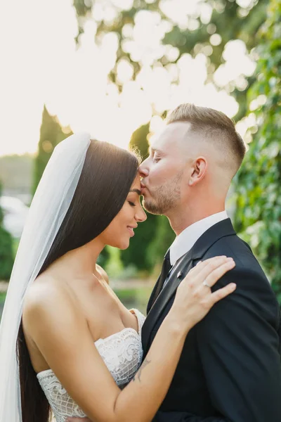 Giovani Bella Coppia Sposi Sposa Sposo Sono Piedi Nel Parco — Foto Stock