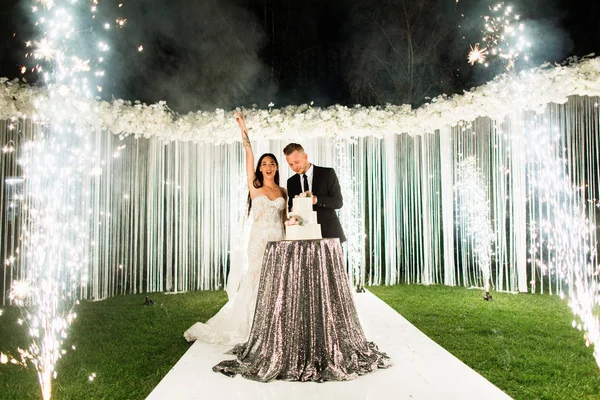 Joven Hermosa Boda Pareja Corta Pastel Boda Divertirse — Foto de Stock