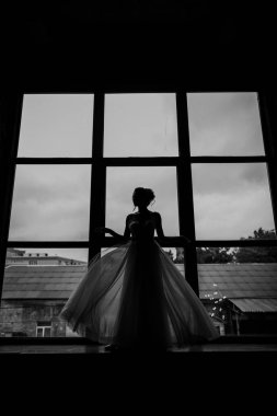 Gri bir arka planda güzel bir elbiseyle genç ve güzel bir gelinin portresi.