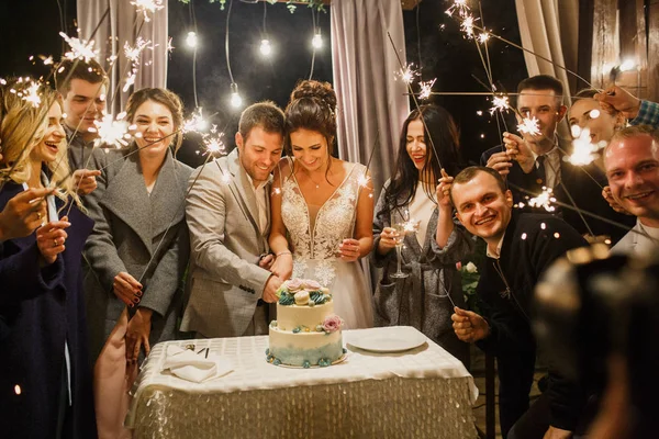 Joven Hermosa Boda Pareja Corte Pastel Boda Con Amigos Divertirse — Foto de Stock