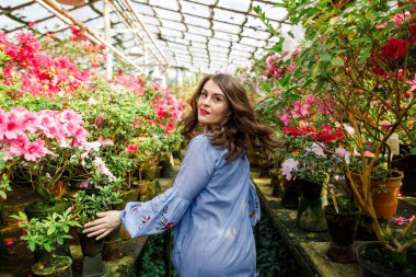 çiçekleri ile güzel bir botanik bahçesinde mavi bir elbise genç güzel bir kadının portresi