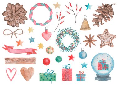 Yeni yıla ait büyük suluboya seti ve Noel el yapımı element koleksiyonu