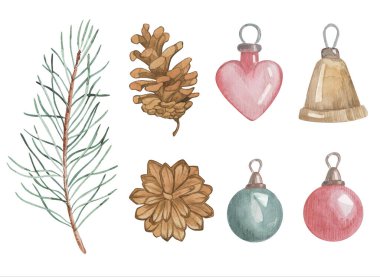 Suluboya resim tarzında Noel elemanları koleksiyonu. Koniler, Noel ağacı oyuncakları