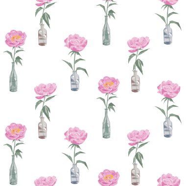 Beyaz arka planda vazo ve suluboya olan şakayık desenli kusursuz çiçek deseni. Tekstil, iç mekan, kıyafetler, duvar kağıtları için tasarım. Botanik Sanatı