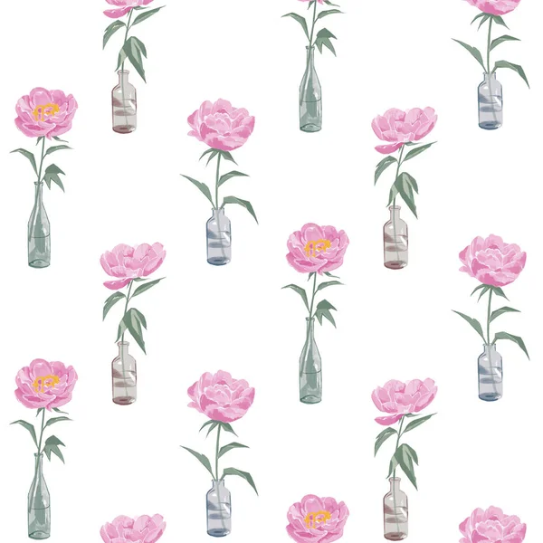 Beyaz arka planda vazo ve suluboya olan şakayık desenli kusursuz çiçek deseni. Tekstil, iç mekan, kıyafetler, duvar kağıtları için tasarım. Botanik Sanatı — Stok fotoğraf