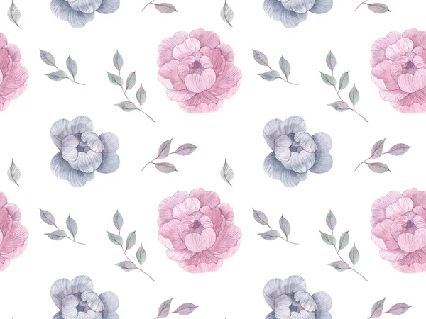 Seamless floral pattern with peonies on white background, botanical watercolor. design for textiles, interior, clothes, wallpaper. Botanical art — Stock Photo, Image