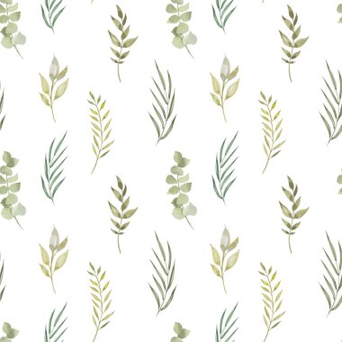 Yeşil yapraklar dikişsiz suluboya deseni. Arkaplan dokusu. Fathion trend baskısı. el çizimi