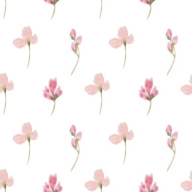 Vahşi pembe çiçekler dikişsiz suluboya desenleri. Gelişigüzel dağılmış botanik motifleri. Renkli dokular. Fathion trend baskısı. El çizimi çiçekler