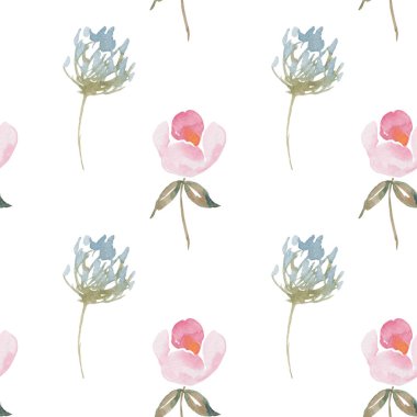 Vahşi çiçekler dikişsiz suluboya desenleri. Gelişigüzel dağılmış botanik motifleri. Renkli dokular. Fathion trend baskısı. El çizimi çiçekler