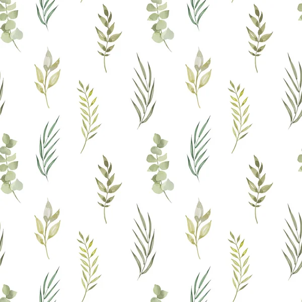 Yeşil yapraklar dikişsiz suluboya deseni. Arkaplan dokusu. Fathion trend baskısı. el çizimi