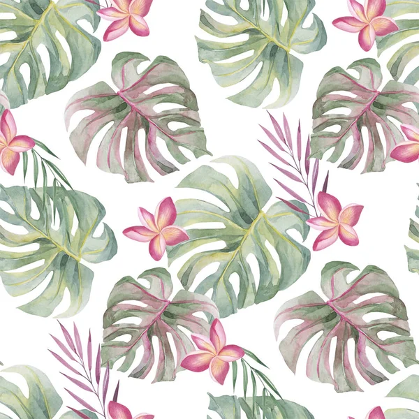 Aquarell Muster von exotischen Blättern Elemente. Florale Illustration von Monstera, Palmen und Wildblumen — Stockfoto