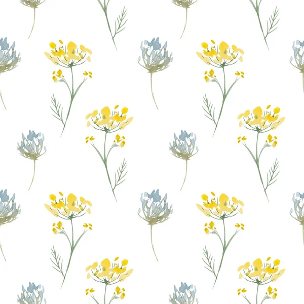 Wilde gelbe und blaue Blüten, nahtlose Aquarellmuster. Blühende botanische Motive, zufällig verstreut. Trendy bunte Textur. fathion trend print. Handgezeichnete Blumen — Stockfoto