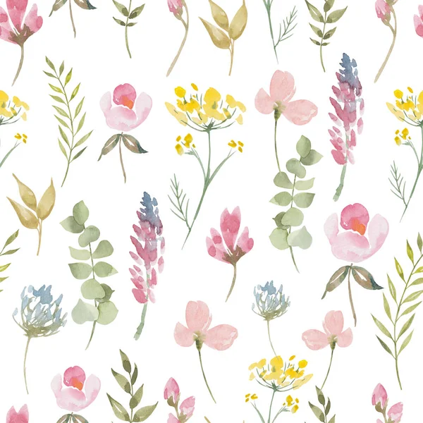 Wilde Blumen nahtloses Aquarellmuster. Blühende botanische Motive, zufällig verstreut. Trendy bunte Textur. fathion trend print. Handgezeichnete Blumen — Stockfoto