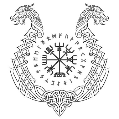 Vegvisir, İzlanda büyülü porteler ve drakkar, bir ejderha tekne şeklinde İskandinav desen beyaz, vektör illüstrasyon izole