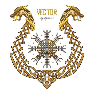 Aegishjalmur, dümen huşu (dümen terör), İzlandalı büyülü porteler ve İskandinav desen bir ejderha şeklinde tekne, beyaz, vektör illüstrasyon izole drakkar