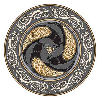 Viking kalkanın, ejderha İskandinav bir desen ile dekore edilmiş ve Ravens, Odin beyaz izole, illüstrasyon vektör