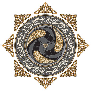 Viking kalkanın, ejderha İskandinav bir desen ile dekore edilmiş ve Ravens, Odin beyaz izole, illüstrasyon vektör