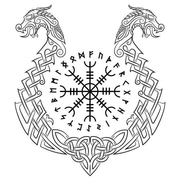 Aegishjalmur 畏敬の念 恐怖の舵 アイスランドの魔法の杖と龍の形で北欧のパターンの実権を握ってボート ベクトル図で隔離のドラッカー — ストックベクタ