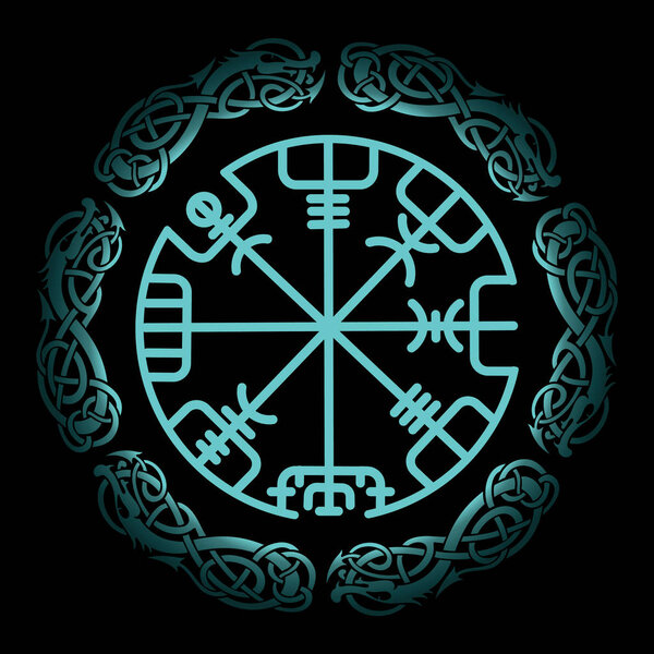 Вега, волшебный компас древних исландских викингов со скандалом, векторная иллюстрация
