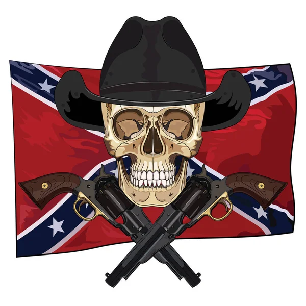头骨在牛仔帽子和二横渡的枪在美国邦联旗子的背景 查出在白色 向量例证 Eps — 图库矢量图片